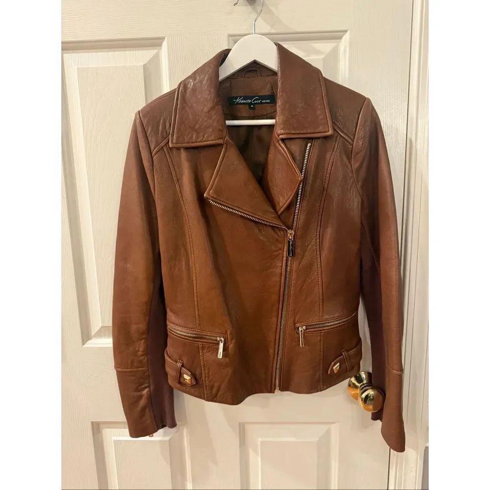 Kenneth Cole Rich Butter Soft Brown Luxury Leather Moto Jacket sz M EUC